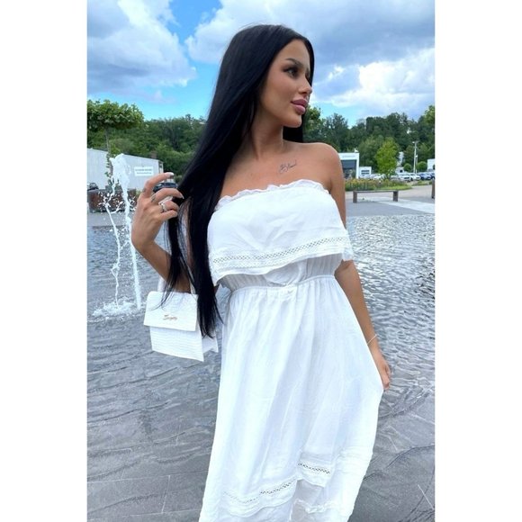 White Strapless Frill Detail Midi Dress - Picture 5 of 11